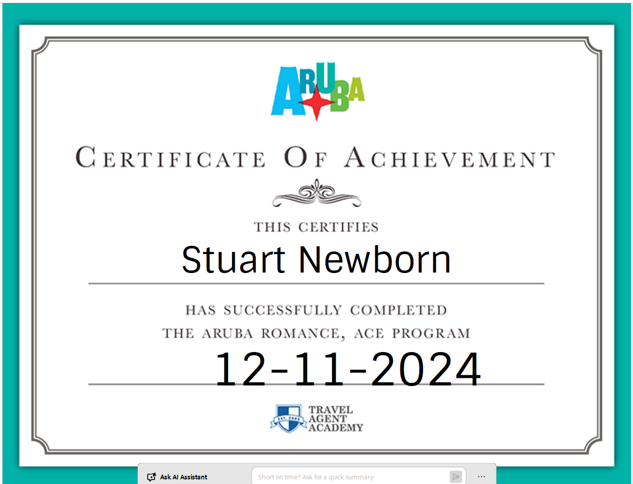 Aruba Romance cert png