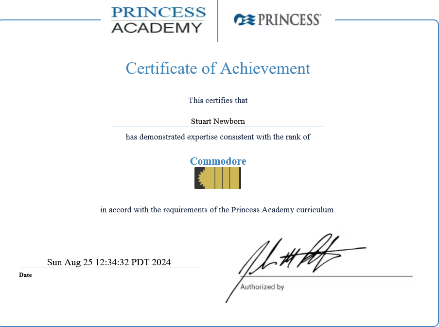 Princess Commodore Certificate.
